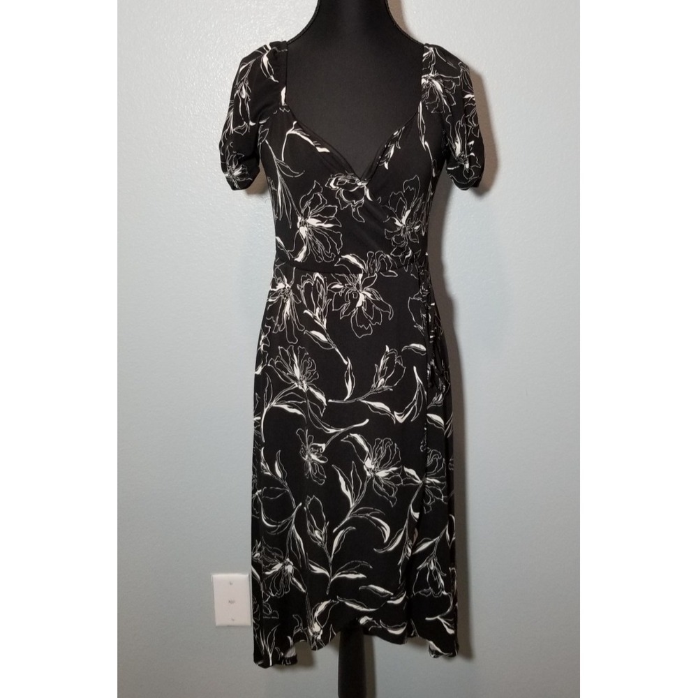 Lush Womens Small Black Floral Faux Wrap Dress Retro Office Preppy Minimalist